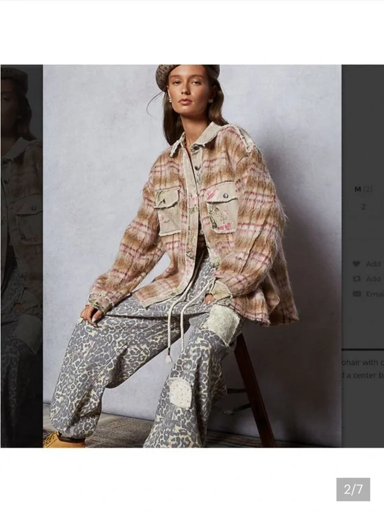 #192 POL New Plaid Fuzzy Shacket with Floral Patch Pockets - Pink, Beige - Picture 5 of 8